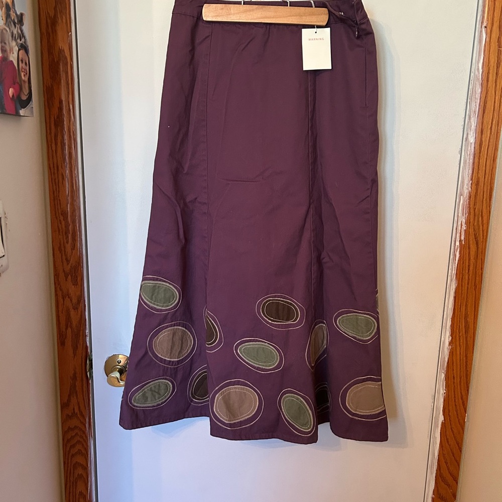 Boden Purple A-Line Midi Skirt with Green Embellishments